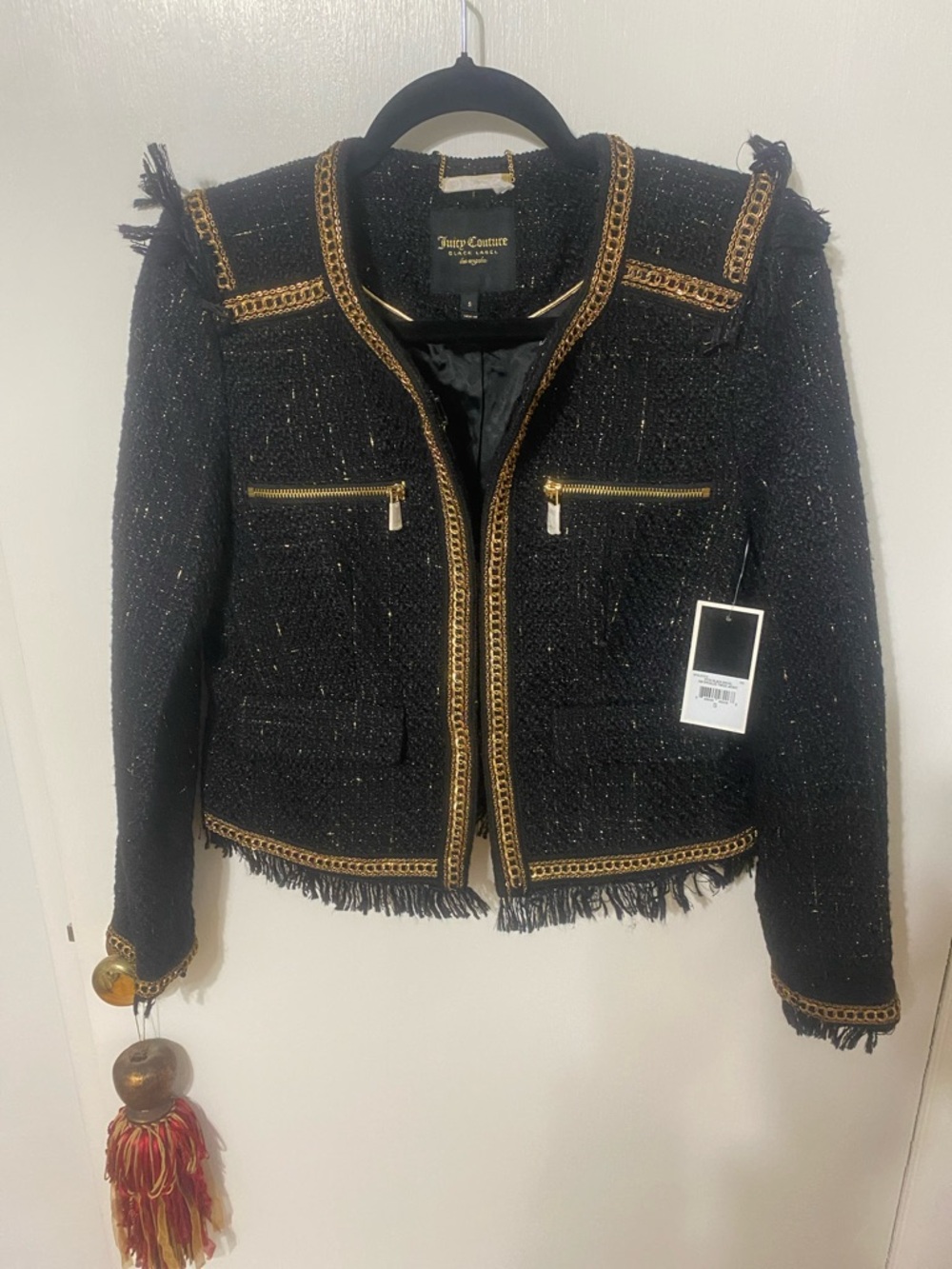 Juicy Couture Black Tweed Jacket with Gold Chain Trim